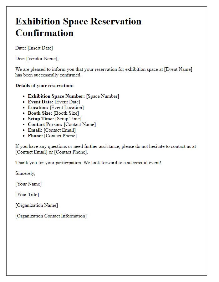 Letter template of exhibition space reservation confirmation for vendors