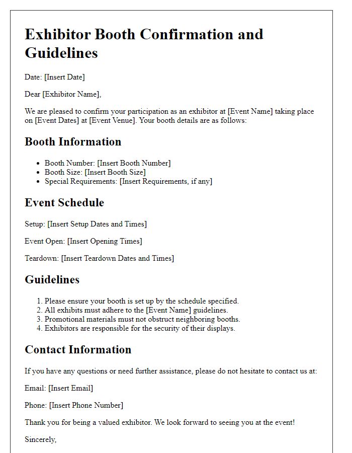 Letter template of exhibitor booth confirmation and guidelines