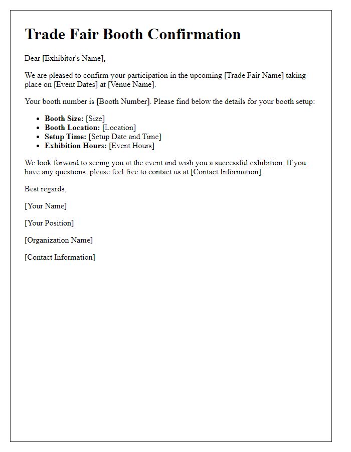 Letter template of trade fair booth confirmation for exhibitors