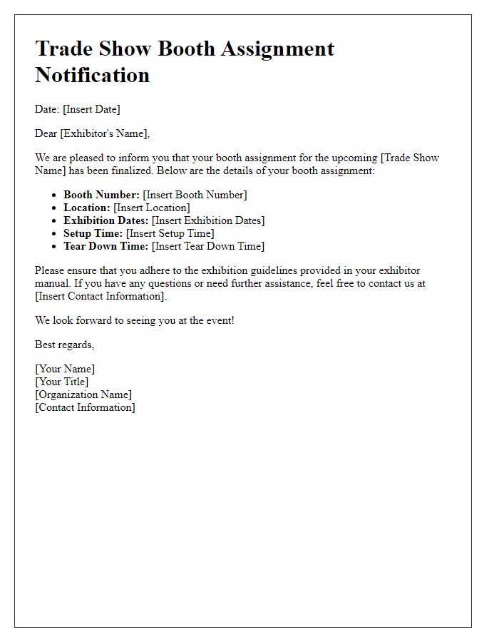 Letter template of trade show booth assignment notification