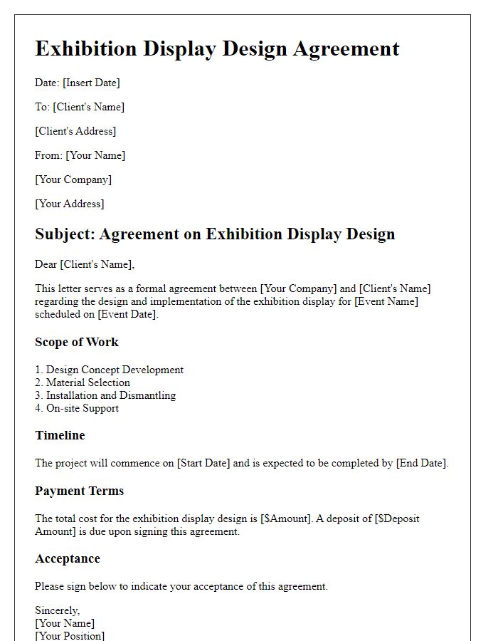 Letter template of agreement on exhibition display design