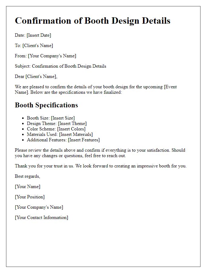 Letter template of confirmation regarding booth design details