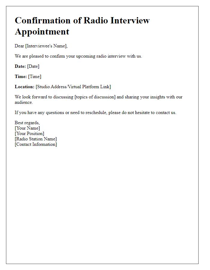 Letter template of confirmation for radio interview appointment