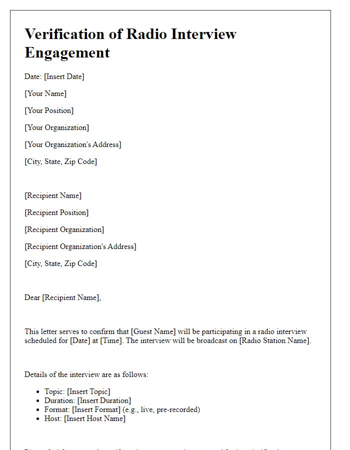 Letter template of verification for radio interview engagement