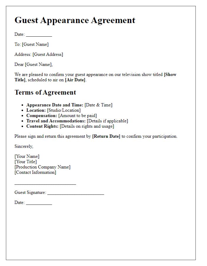 Letter template of agreement on guest appearance for a television episode.