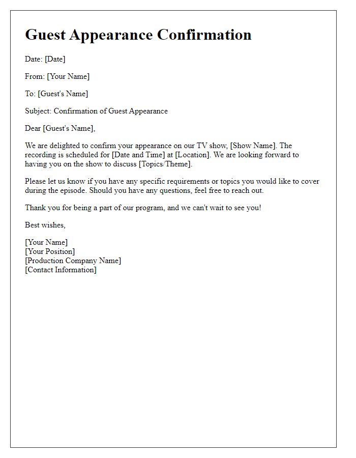 Letter template of guest appearance confirmation for a TV show.