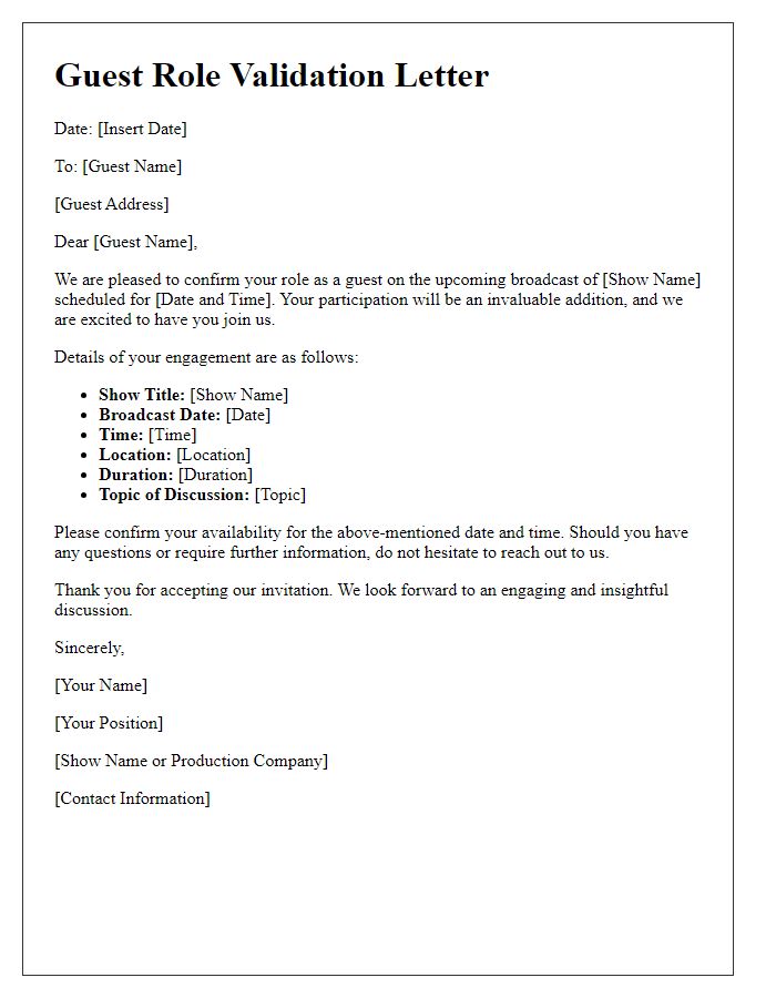 Letter template of validating your guest role in a TV broadcast.