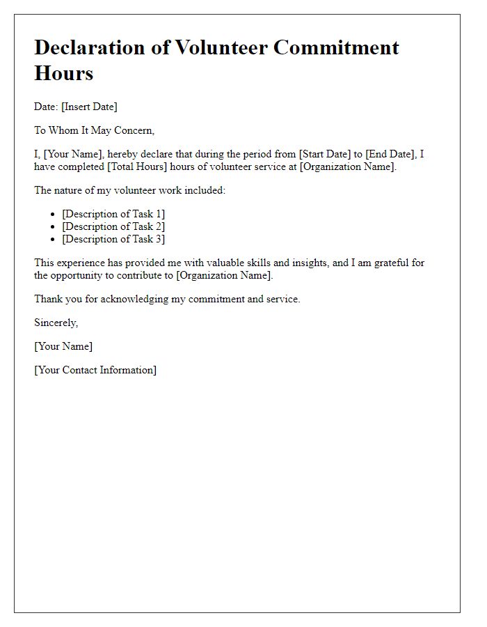 Letter template of declaration for volunteer commitment hours.
