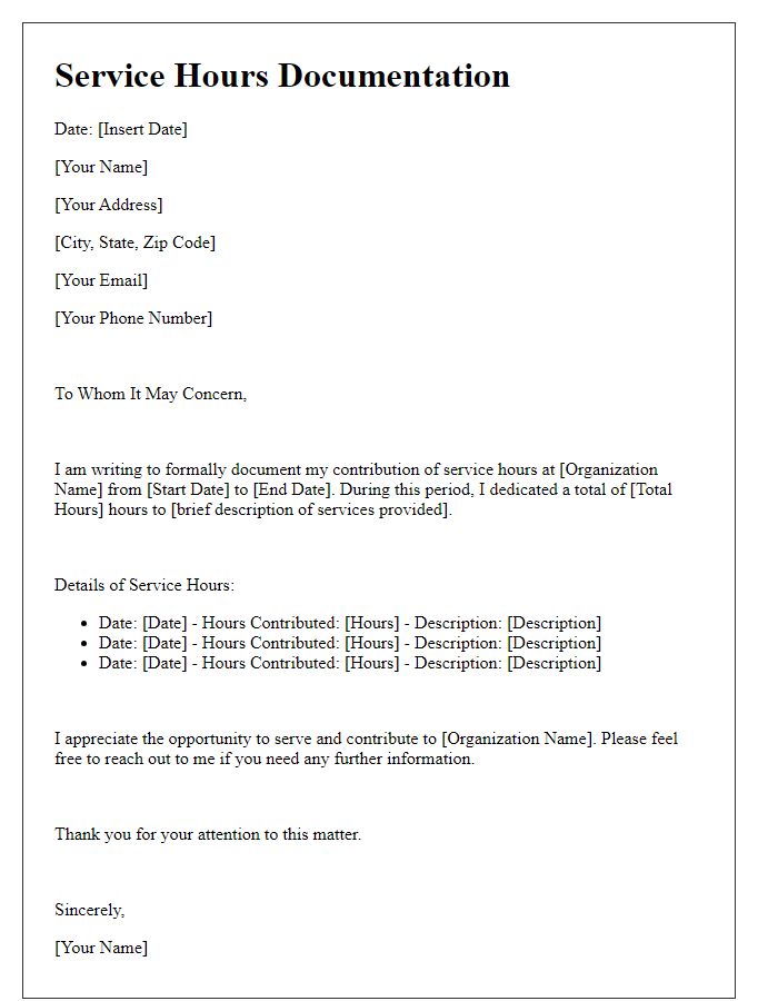 Letter template of documentation for service hours contribution.