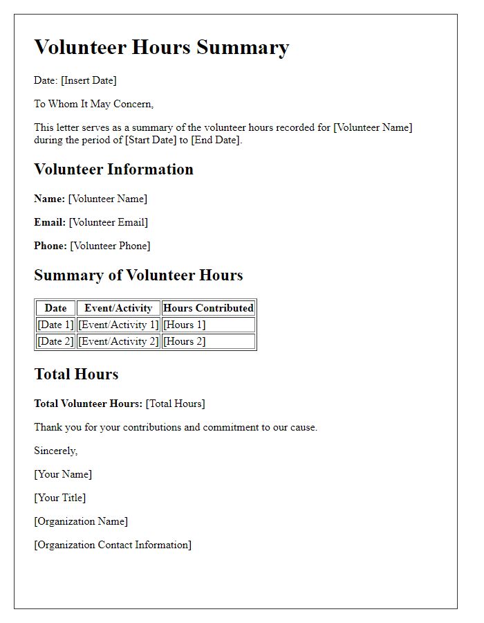 Letter template of summary for recorded volunteer hours.