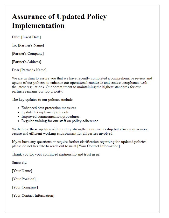 Letter template of Assurance of Updated Policy Implementation for Partners