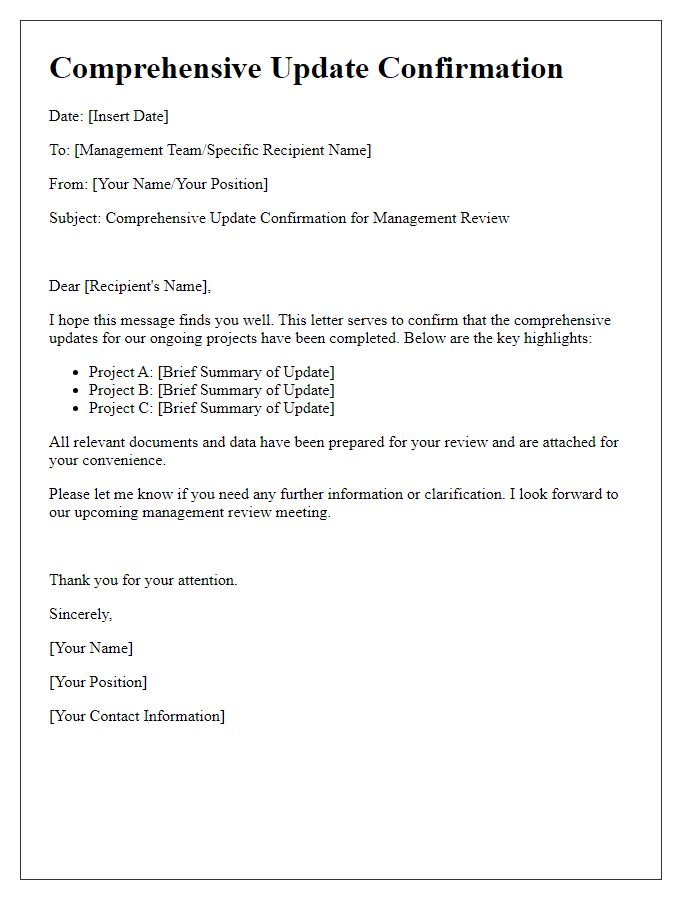 Letter template of Comprehensive Update Confirmation for Management Review