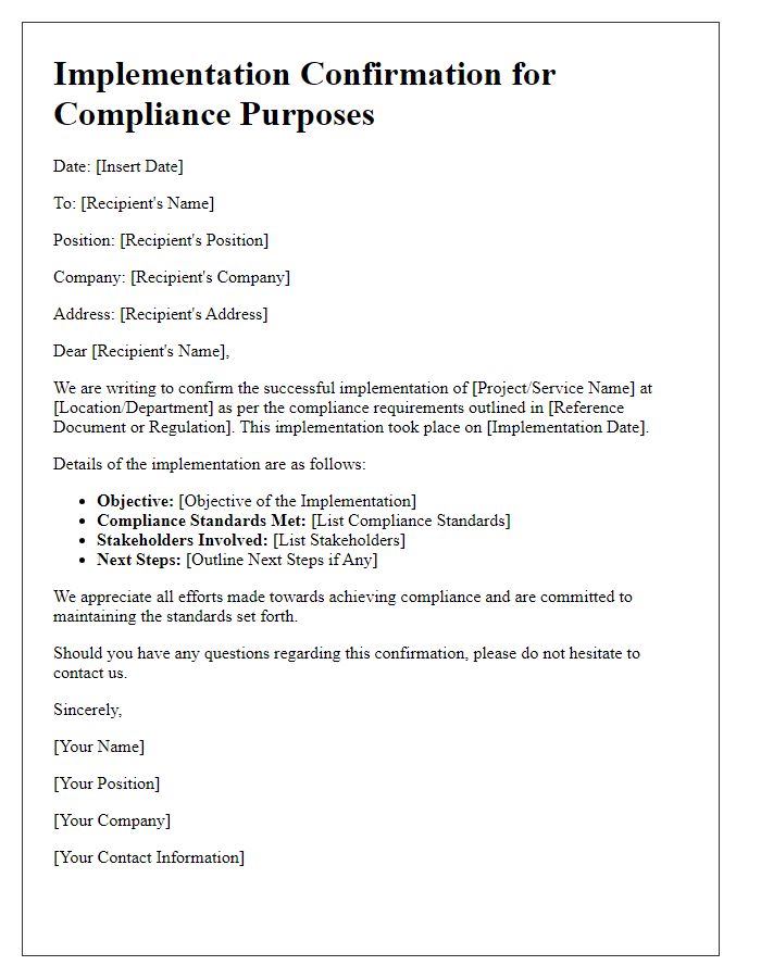 Letter template of Implementation Confirmation for Compliance Purposes