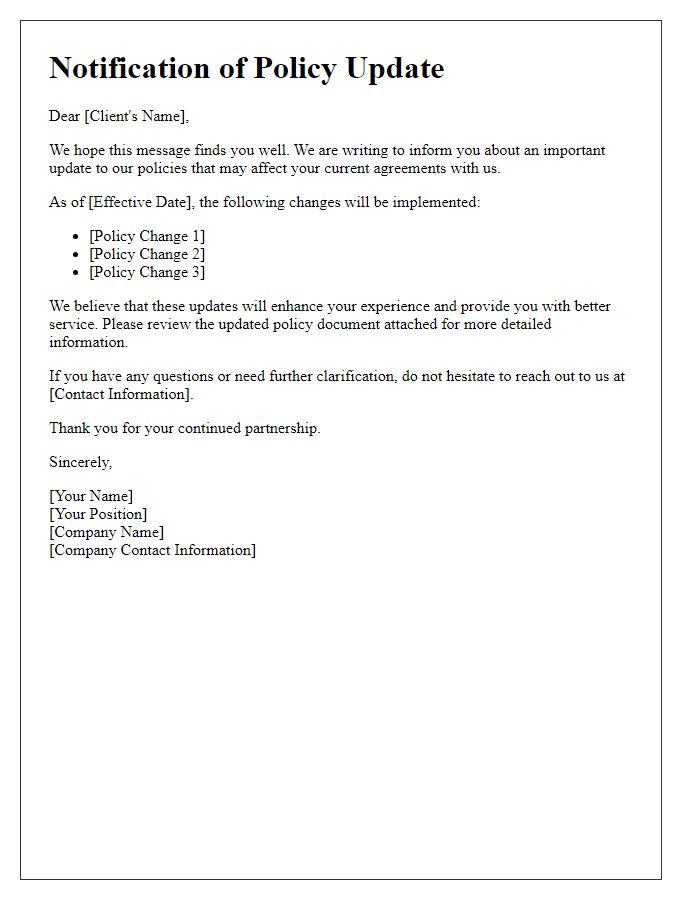 Letter template of Notification of Policy Update Confirmation for Clients