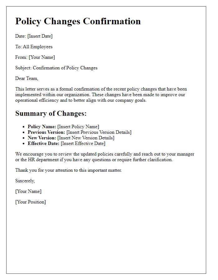 Letter template of Policy Changes Confirmation for Internal Communication