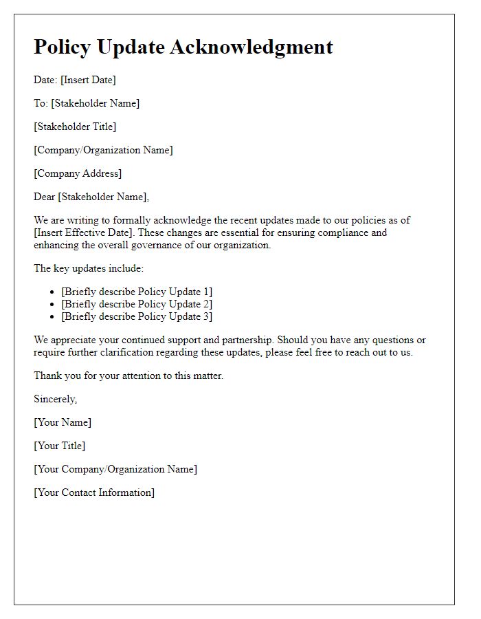 Letter template of Policy Update Acknowledgment for Stakeholder Assurance