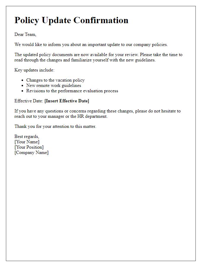 Letter template of Policy Update Confirmation for Team Notification