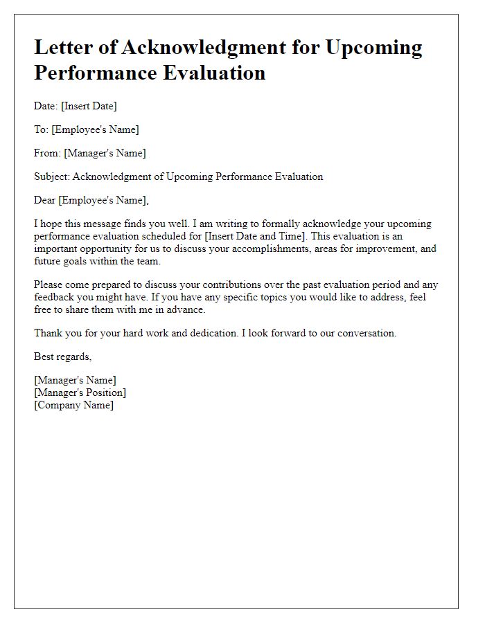 Letter template of acknowledgment for upcoming performance evaluation