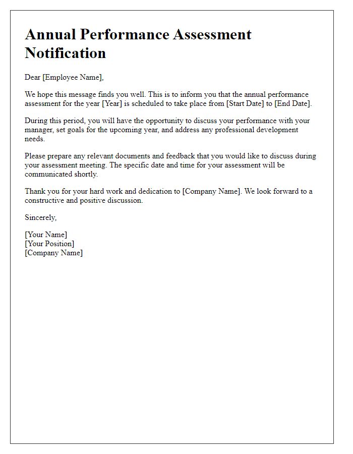 Letter template of notification about annual performance assessment