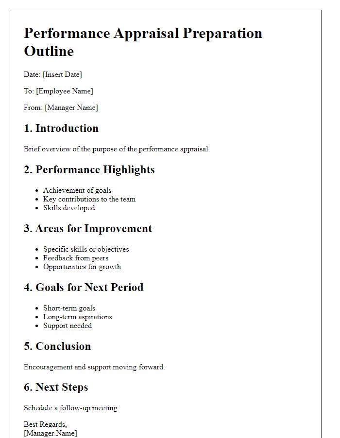 Letter template of outline for performance appraisal preparation