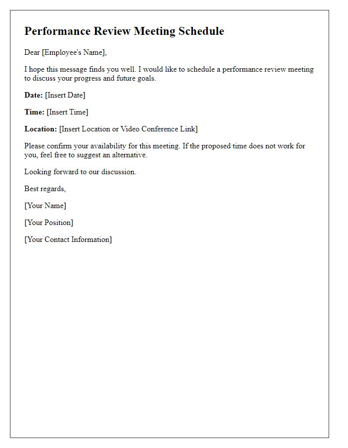 Letter template of scheduling details for performance review meeting