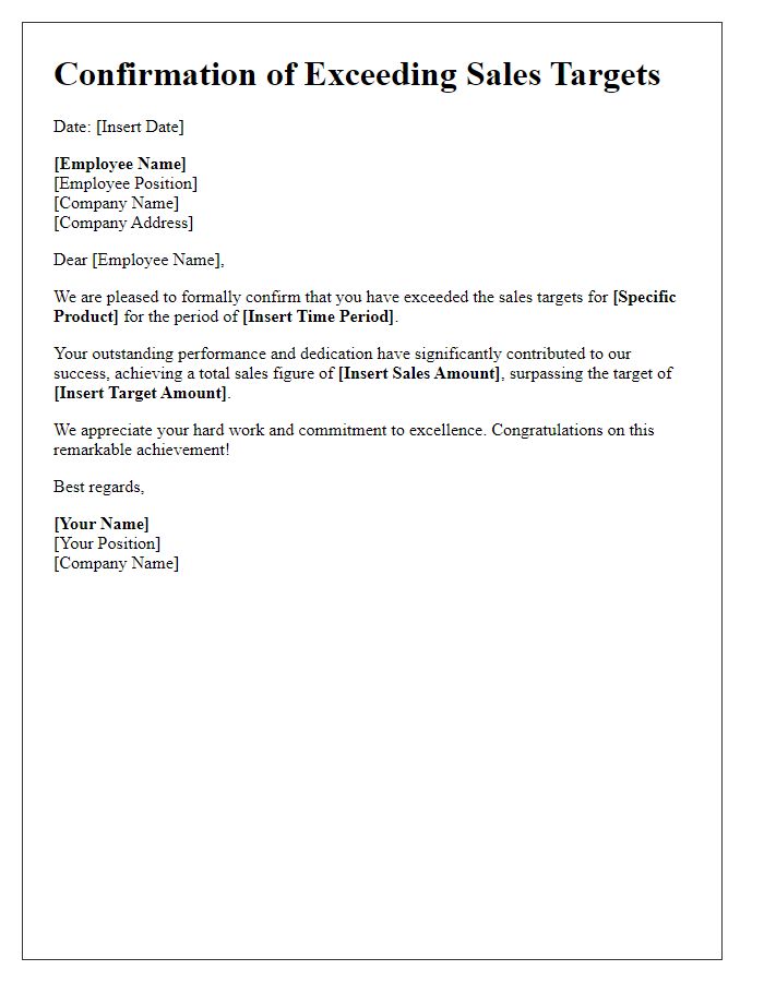 Letter template of confirmation for exceeding sales targets for a specific product.