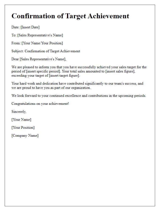 Letter template of confirmation for individual sales representative's target achievement.