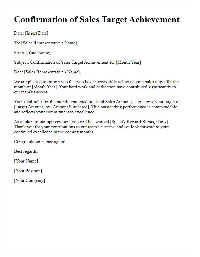 Letter template of confirmation for sales target achievements in monthly review.