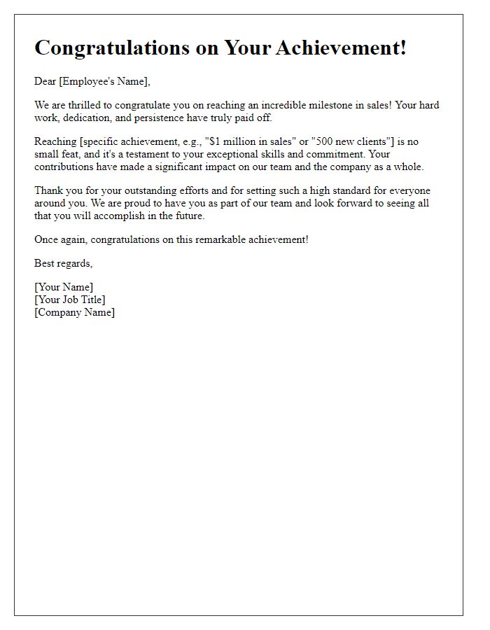 Letter template of congratulatory note for sales milestone achievements.