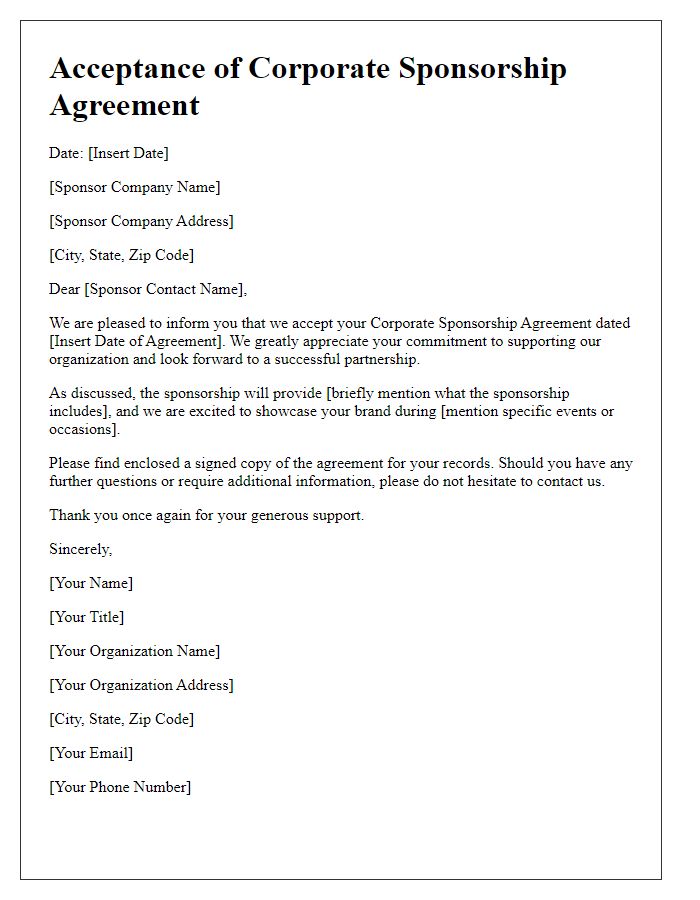 Letter template of Acceptance of Corporate Sponsorship Agreement