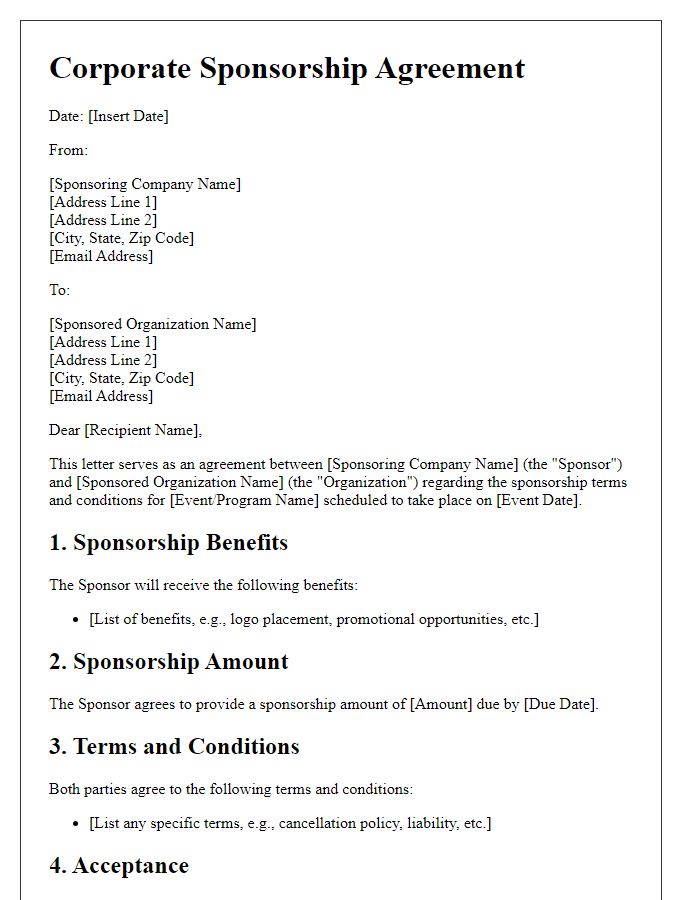 Letter template of Agreement on Corporate Sponsorship Terms