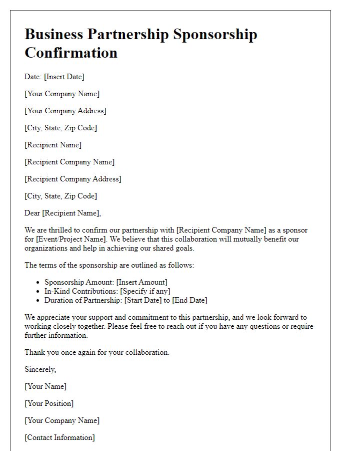 Letter template of Business Partnership Sponsorship Confirmation