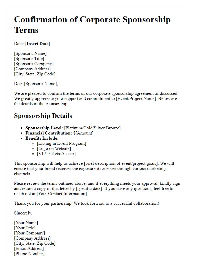 Letter template of Confirming Terms of Corporate Sponsorship