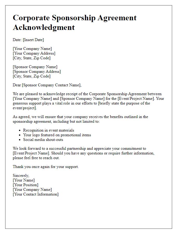 Letter template of Corporate Sponsorship Agreement Acknowledgment