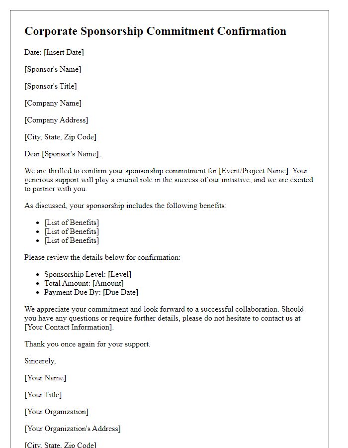 Letter template of Corporate Sponsorship Commitment Confirmation