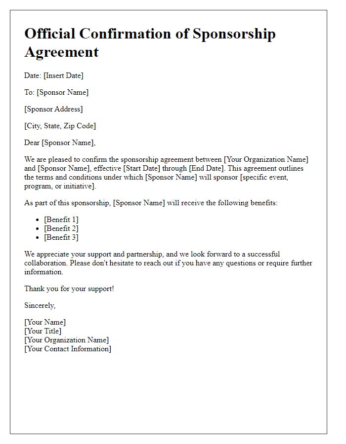 Letter template of Official Confirmation of Sponsorship Agreement