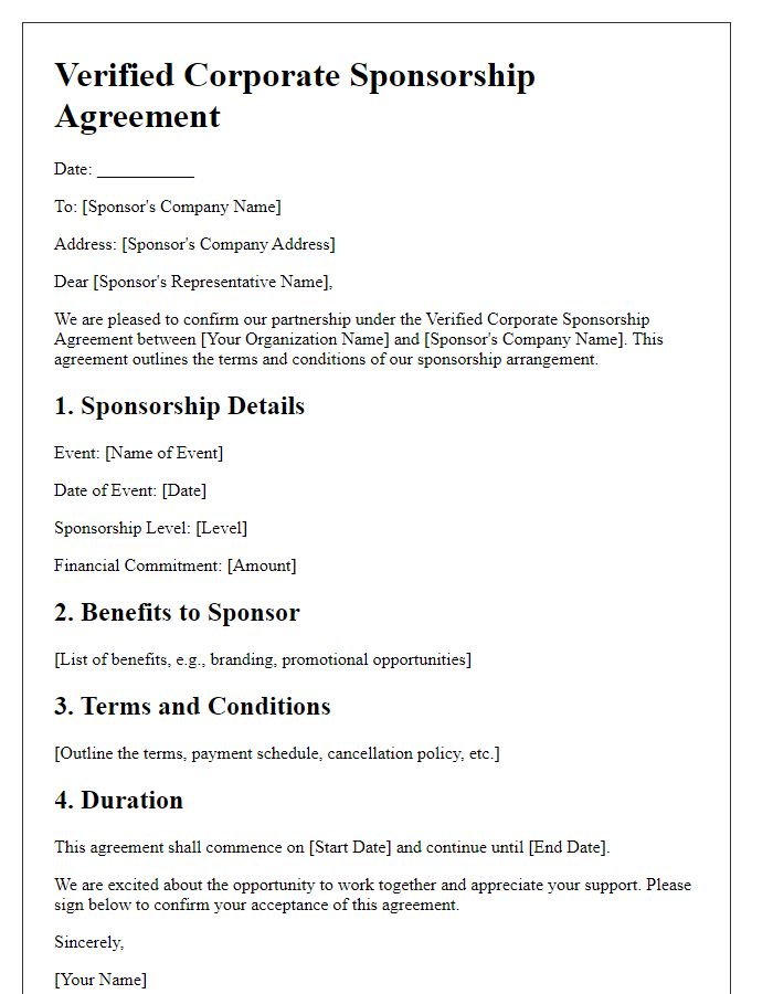 Letter template of Verified Corporate Sponsorship Agreement