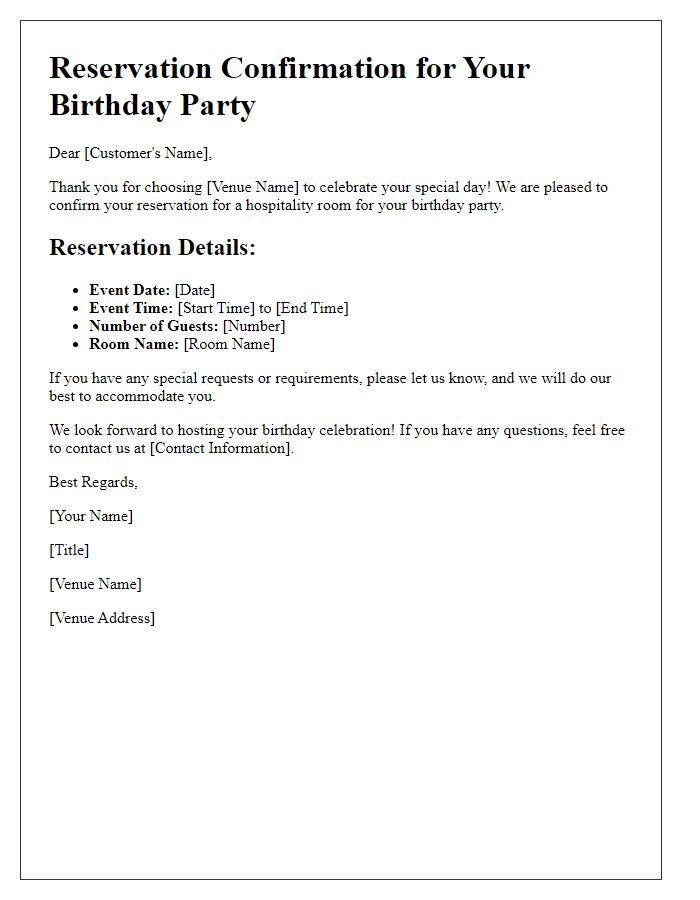 Letter template of hospitality room reservation confirmation for birthday parties