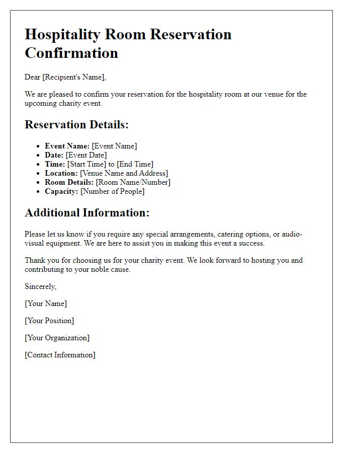 Letter template of hospitality room reservation confirmation for charity events