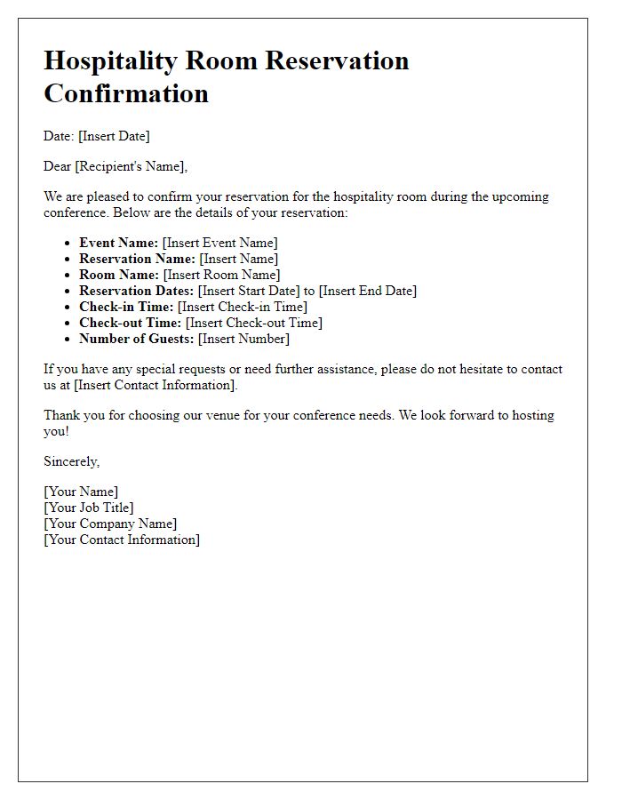 Letter template of hospitality room reservation confirmation for conferences