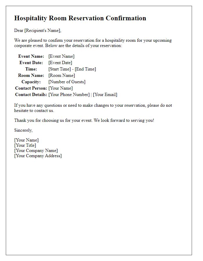 Letter template of hospitality room reservation confirmation for corporate events