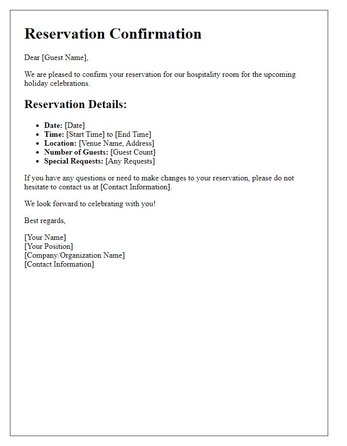 Letter template of hospitality room reservation confirmation for holiday celebrations