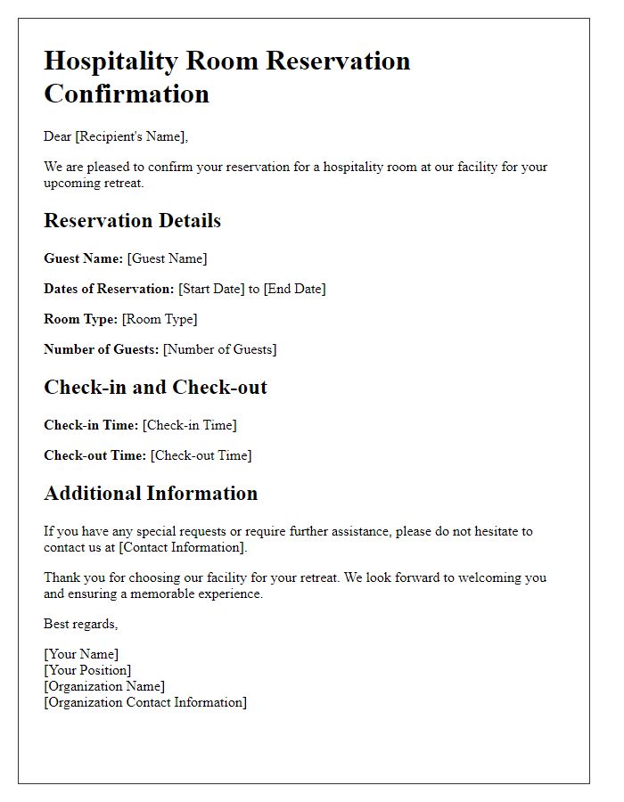 Letter template of hospitality room reservation confirmation for retreats