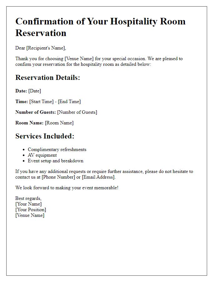 Letter template of hospitality room reservation confirmation for special occasions