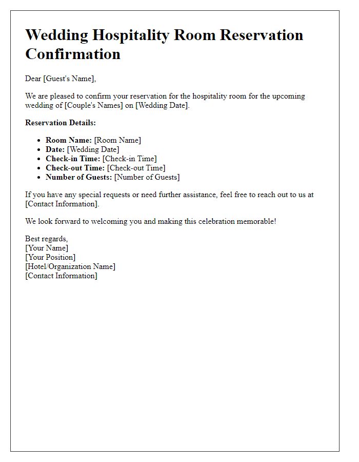 Letter template of hospitality room reservation confirmation for weddings