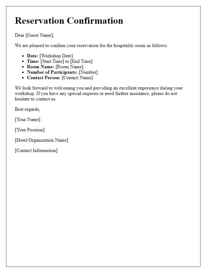 Letter template of hospitality room reservation confirmation for workshops