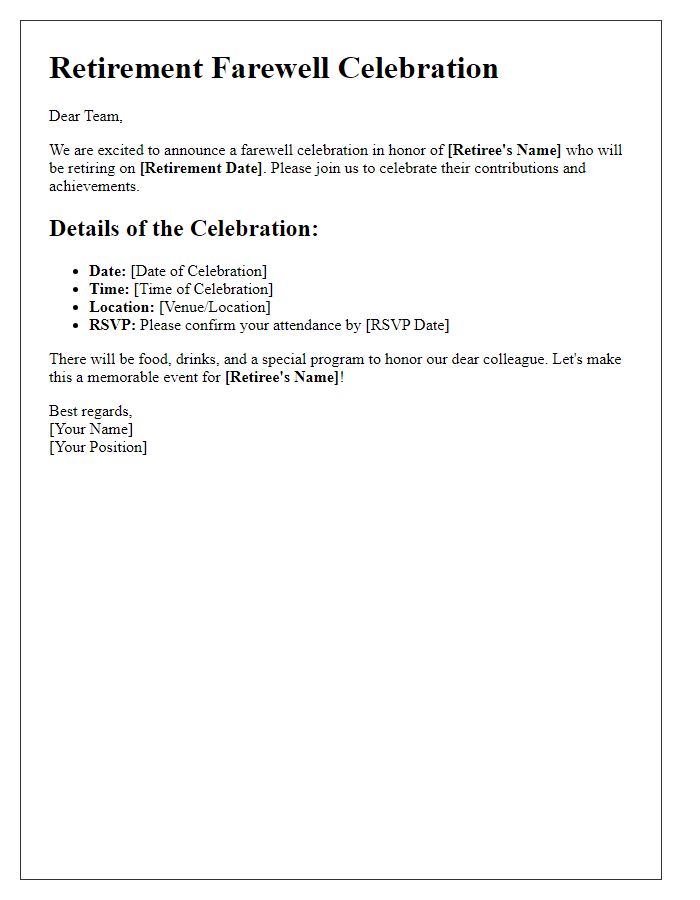 Letter template of retirement farewell celebration arrangements.