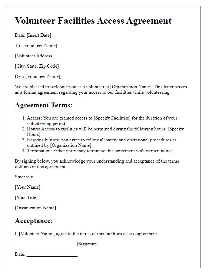 Letter template of agreement for volunteer facilities access