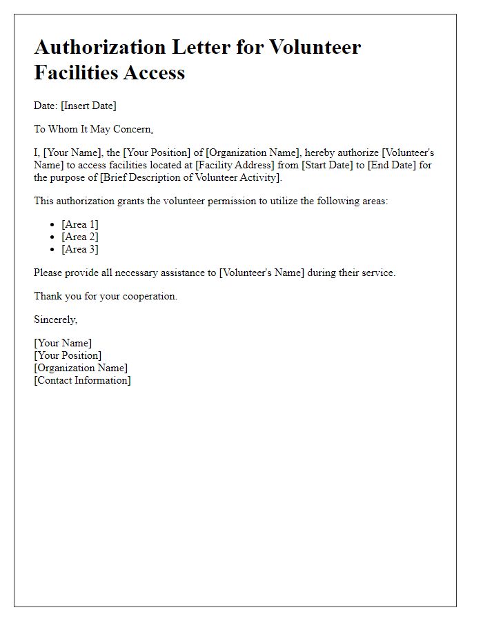 Letter template of authorization for volunteer facilities access