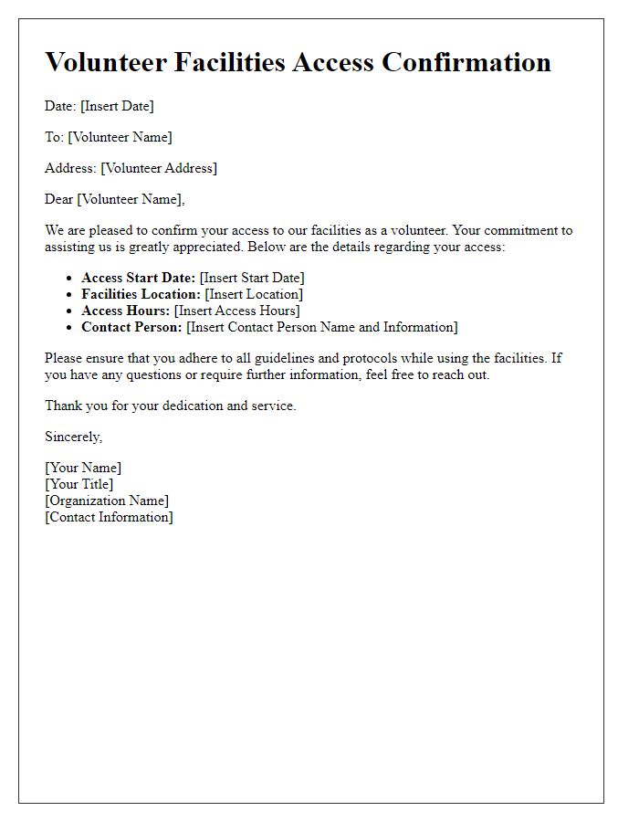 Letter template of confirmation for volunteer facilities access